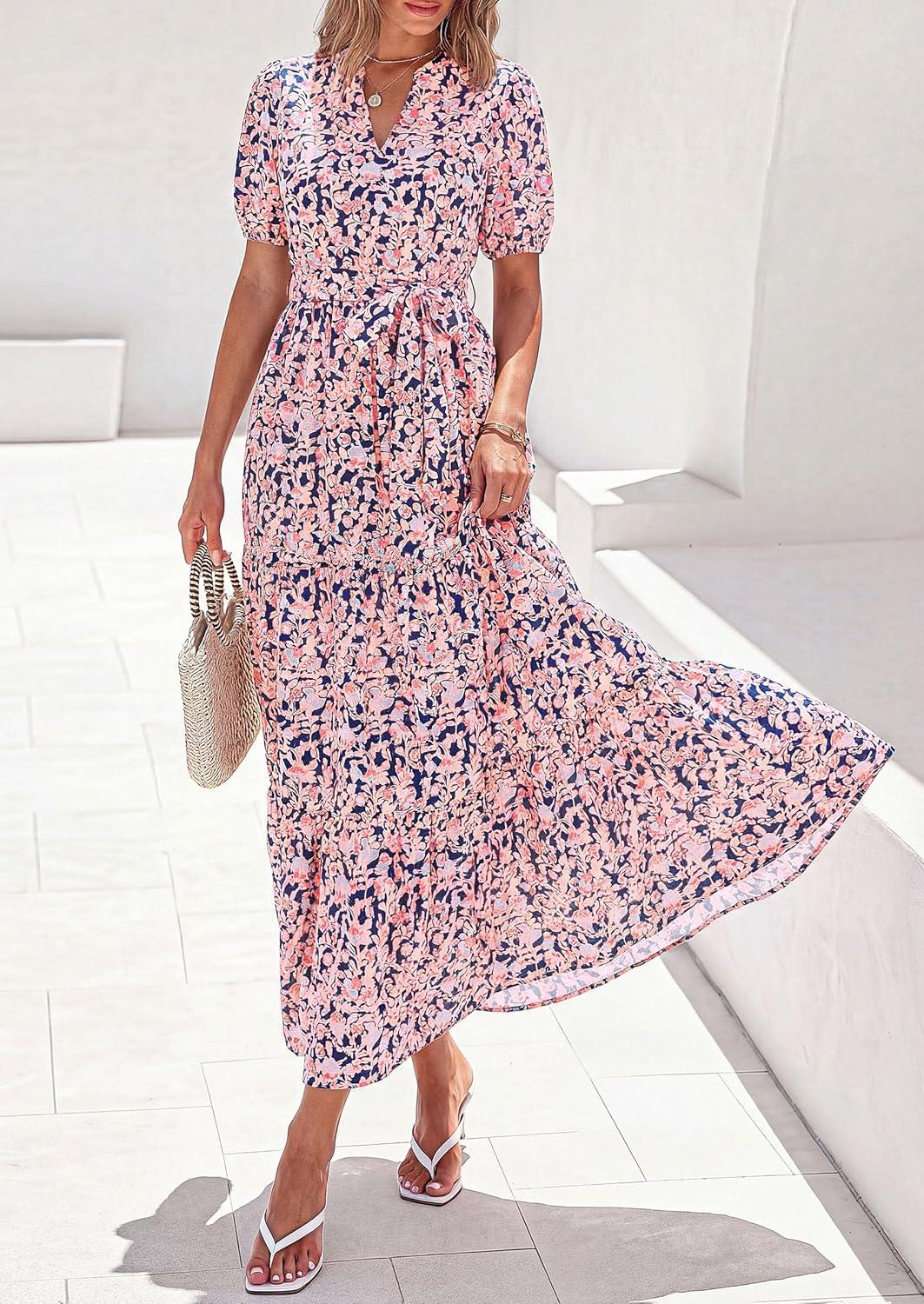 imagePRETTYGARDEN Womens Summer Maxi Dresses Boho Floral Short Sleeve V Neck Casual Wedding Guest 2026 Beach Vacation OutfitsFloral Navy Blue