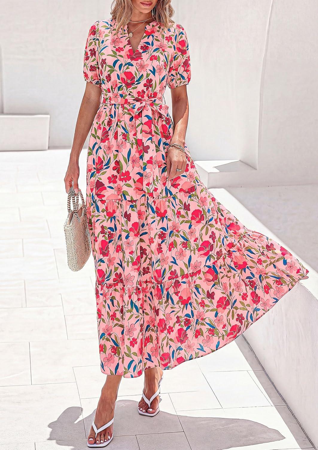 imagePRETTYGARDEN Womens Summer Maxi Dresses Boho Floral Short Sleeve V Neck Casual Wedding Guest 2026 Beach Vacation OutfitsFloral Orange Pink Red
