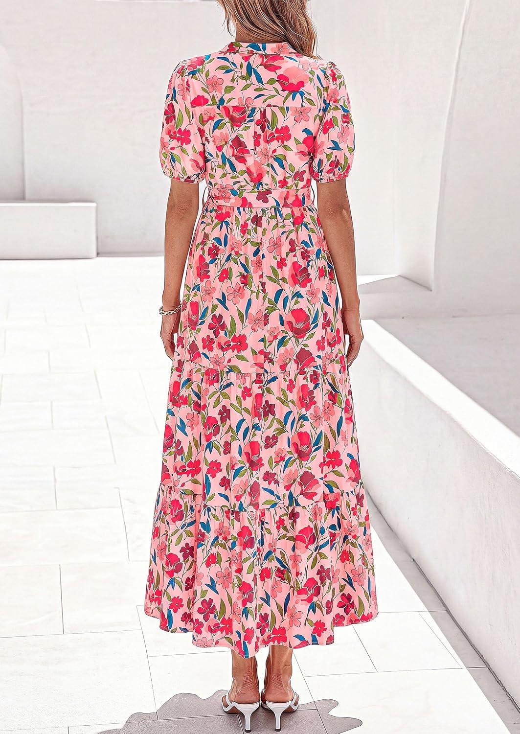 imagePRETTYGARDEN Womens Summer Maxi Dresses Boho Floral Short Sleeve V Neck Casual Wedding Guest 2026 Beach Vacation OutfitsFloral Orange Pink Red