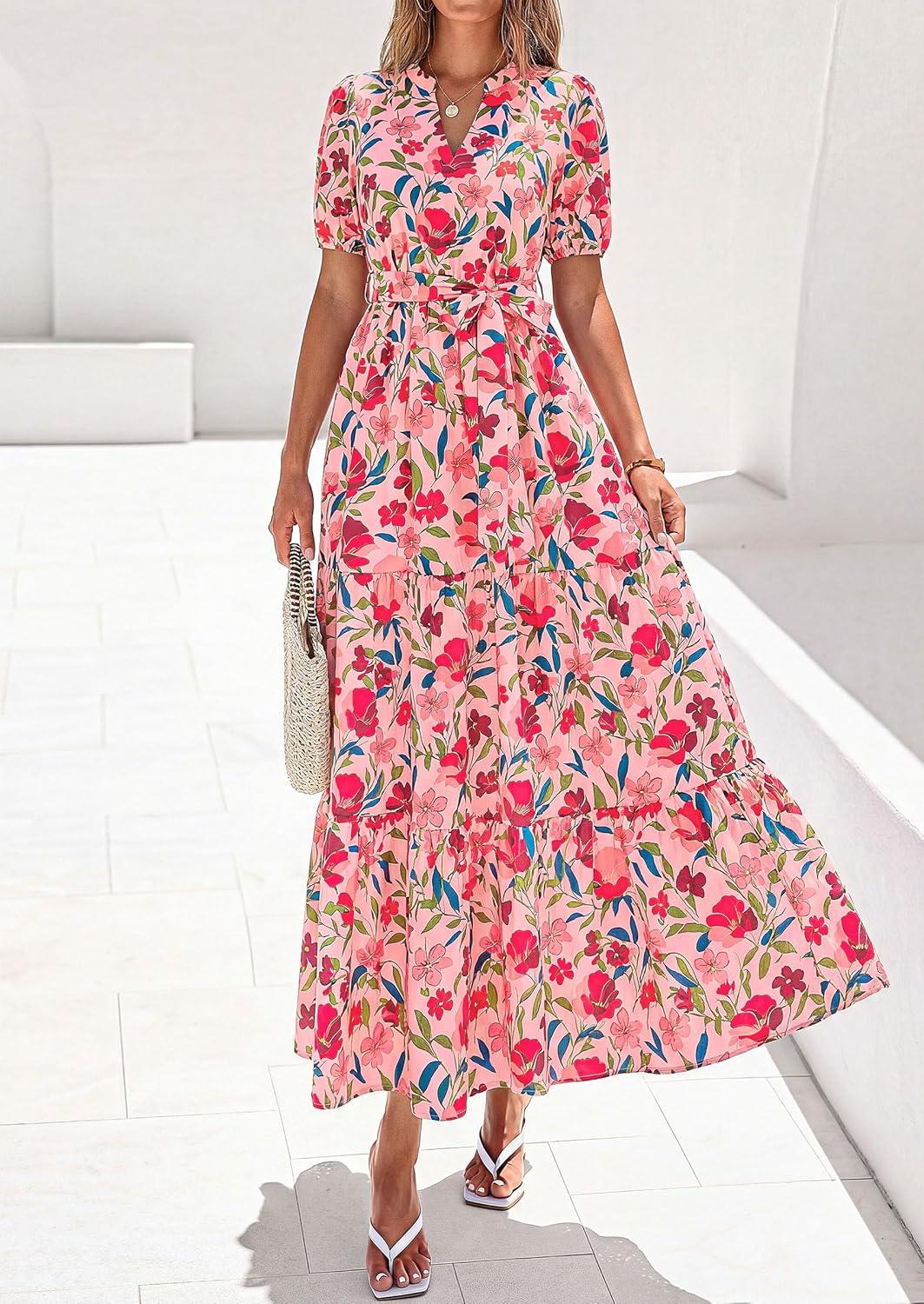 imagePRETTYGARDEN Womens Summer Maxi Dresses Boho Floral Short Sleeve V Neck Casual Wedding Guest 2026 Beach Vacation OutfitsFloral Orange Pink Red