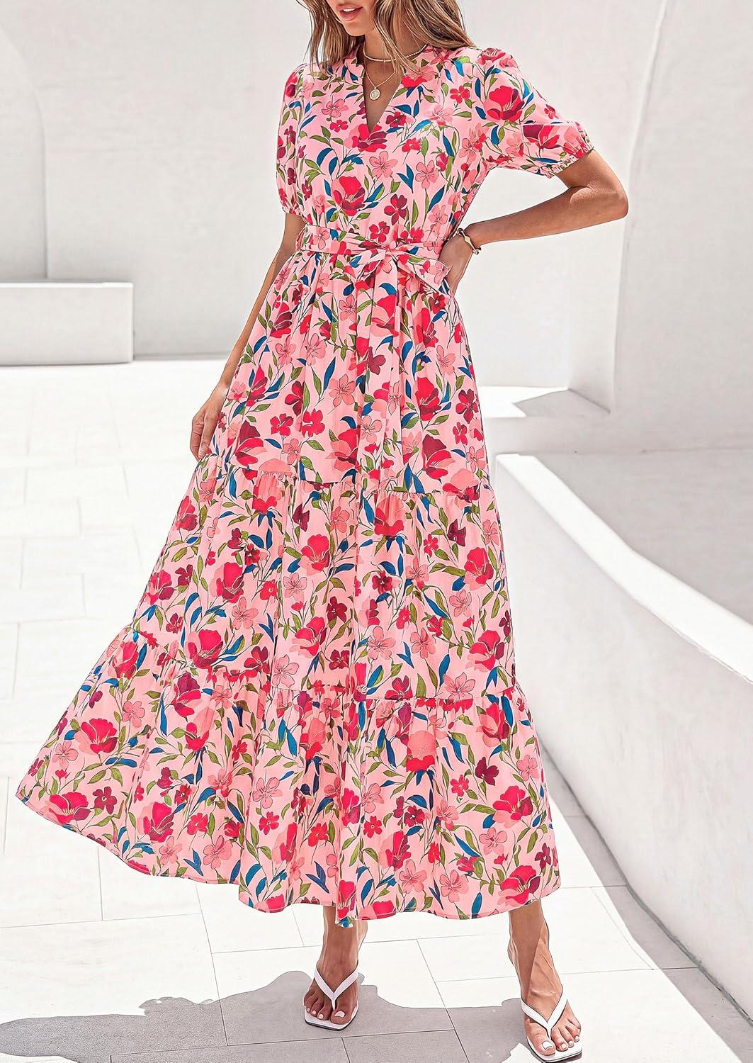 imagePRETTYGARDEN Womens Summer Maxi Dresses Boho Floral Short Sleeve V Neck Casual Wedding Guest 2026 Beach Vacation OutfitsFloral Orange Pink Red