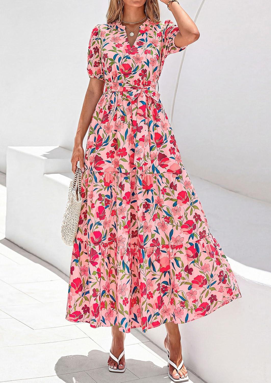 imagePRETTYGARDEN Womens Summer Maxi Dresses Boho Floral Short Sleeve V Neck Casual Wedding Guest 2026 Beach Vacation OutfitsFloral Orange Pink Red
