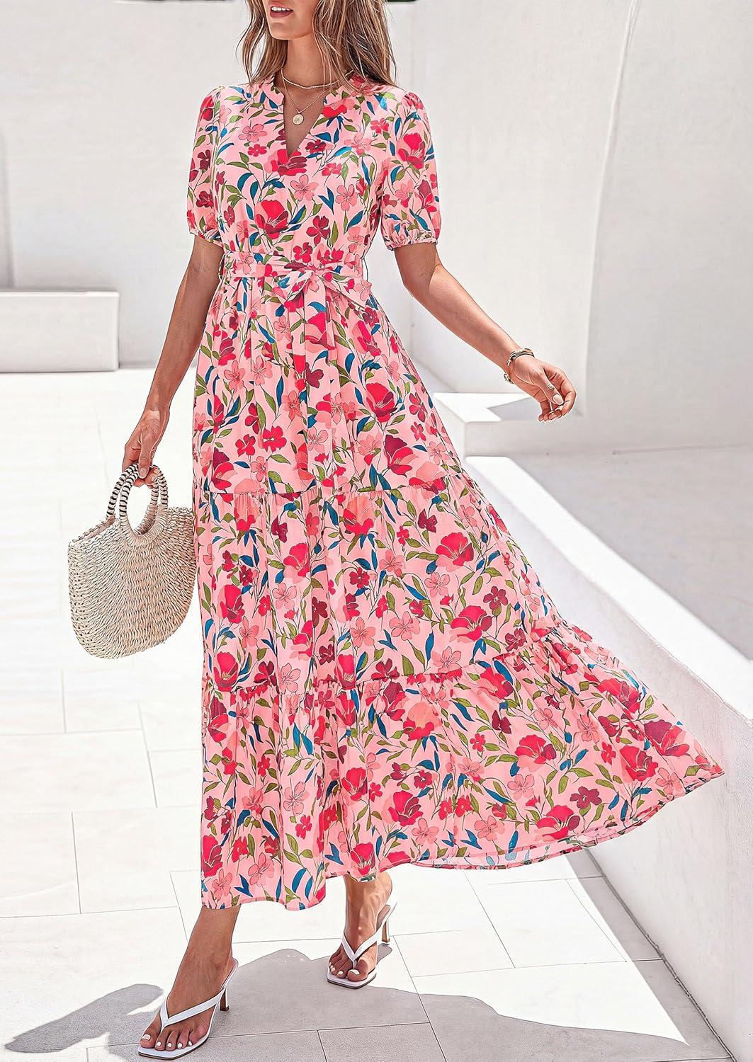 imagePRETTYGARDEN Womens Summer Maxi Dresses Boho Floral Short Sleeve V Neck Casual Wedding Guest 2026 Beach Vacation OutfitsFloral Orange Pink Red