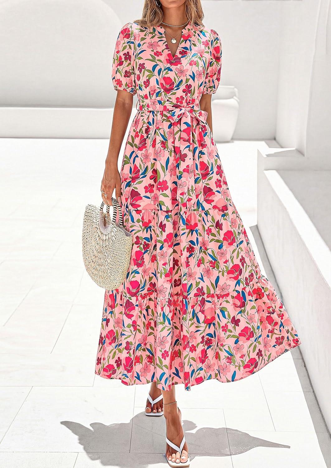 imagePRETTYGARDEN Womens Summer Maxi Dresses Boho Floral Short Sleeve V Neck Casual Wedding Guest 2026 Beach Vacation OutfitsFloral Orange Pink Red