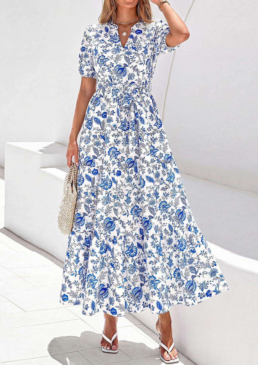 imagePRETTYGARDEN Womens Summer Maxi Dresses Boho Floral Short Sleeve V Neck Casual Wedding Guest 2026 Beach Vacation OutfitsFloral White Blue