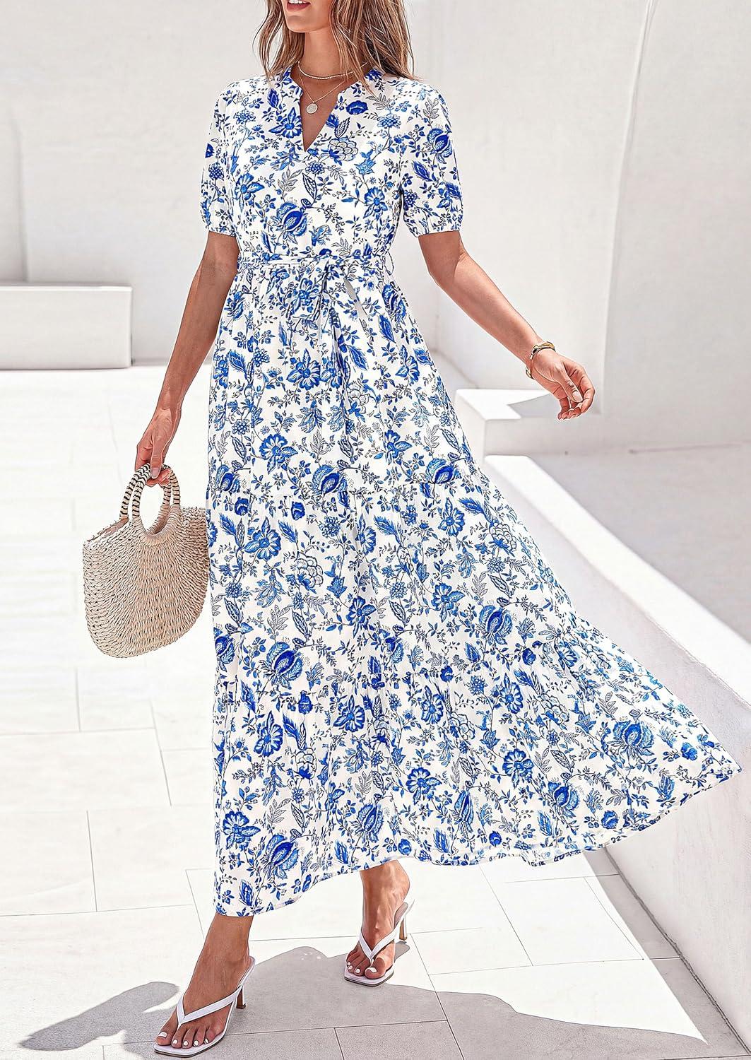 imagePRETTYGARDEN Womens Summer Maxi Dresses Boho Floral Short Sleeve V Neck Casual Wedding Guest 2026 Beach Vacation OutfitsFloral White Blue