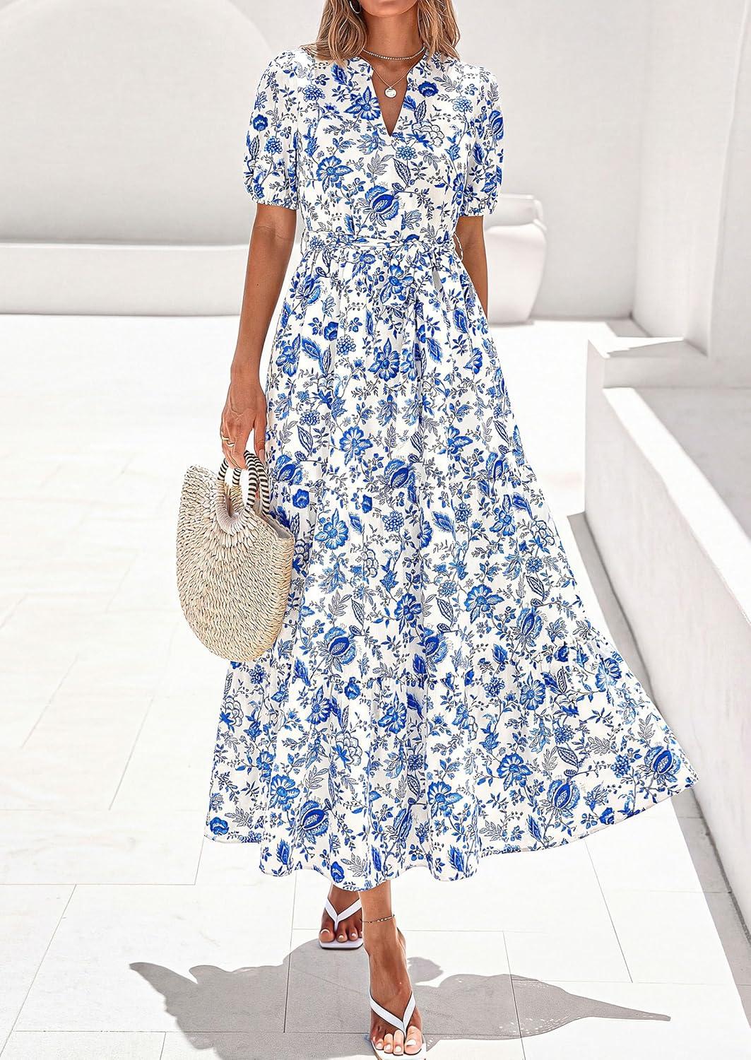 imagePRETTYGARDEN Womens Summer Maxi Dresses Boho Floral Short Sleeve V Neck Casual Wedding Guest 2026 Beach Vacation OutfitsFloral White Blue