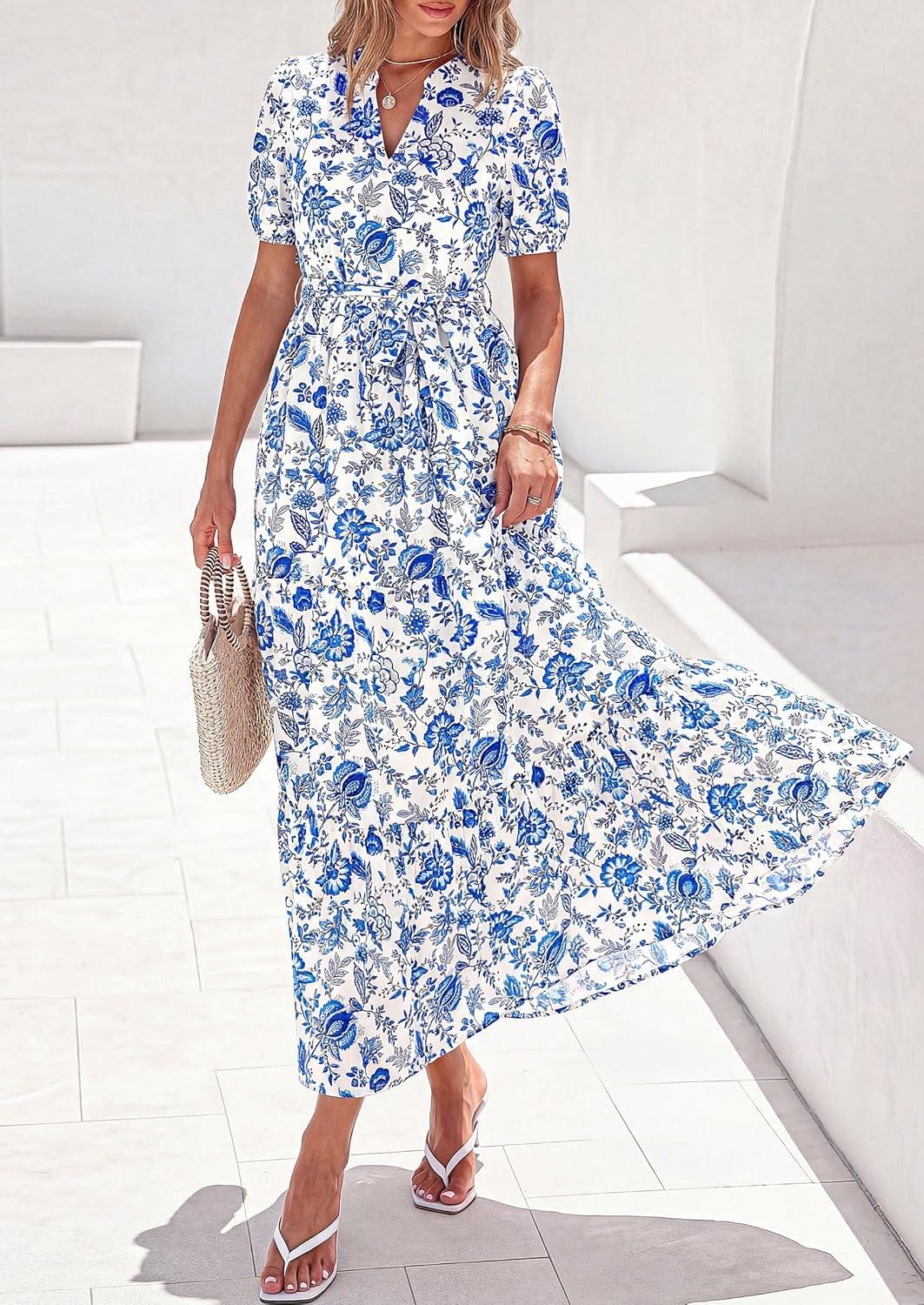 imagePRETTYGARDEN Womens Summer Maxi Dresses Boho Floral Short Sleeve V Neck Casual Wedding Guest 2026 Beach Vacation OutfitsFloral White Blue