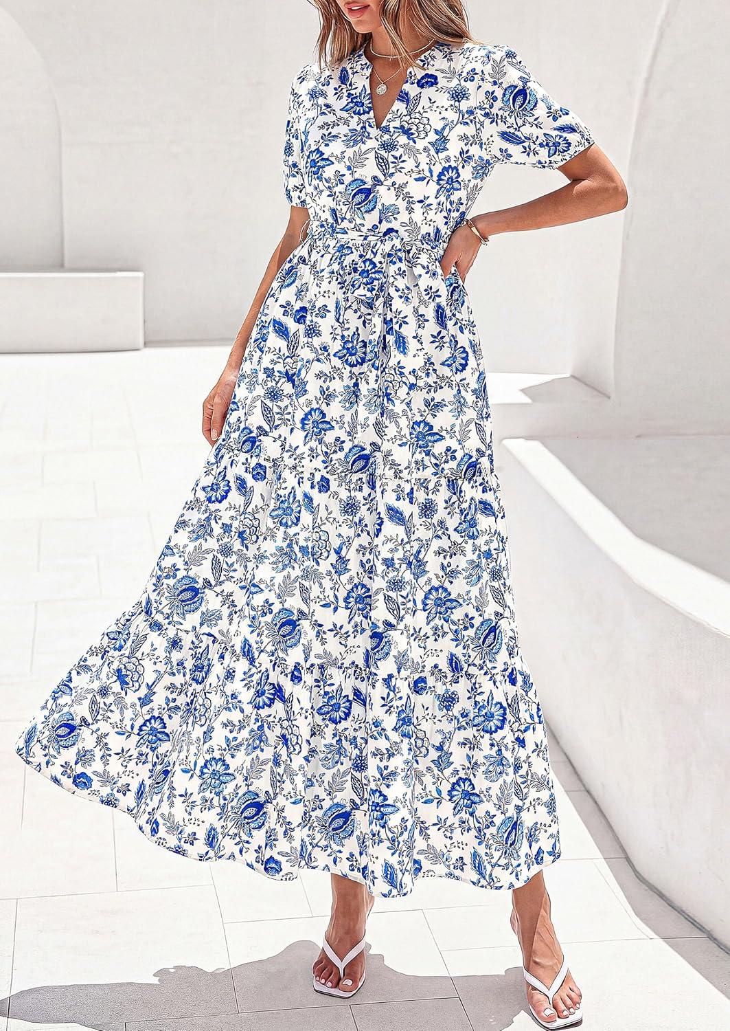 imagePRETTYGARDEN Womens Summer Maxi Dresses Boho Floral Short Sleeve V Neck Casual Wedding Guest 2026 Beach Vacation OutfitsFloral White Blue