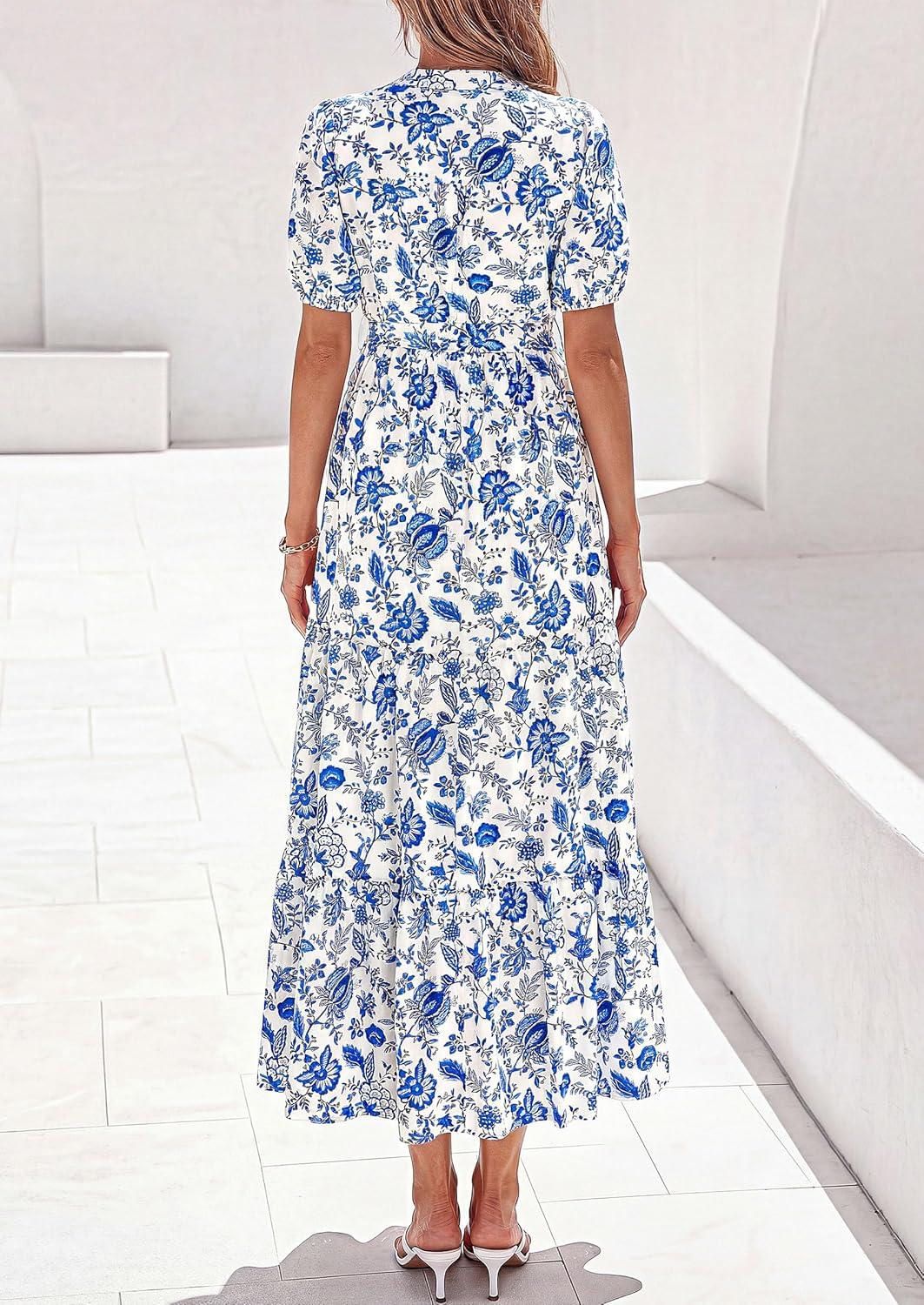 imagePRETTYGARDEN Womens Summer Maxi Dresses Boho Floral Short Sleeve V Neck Casual Wedding Guest 2026 Beach Vacation OutfitsFloral White Blue