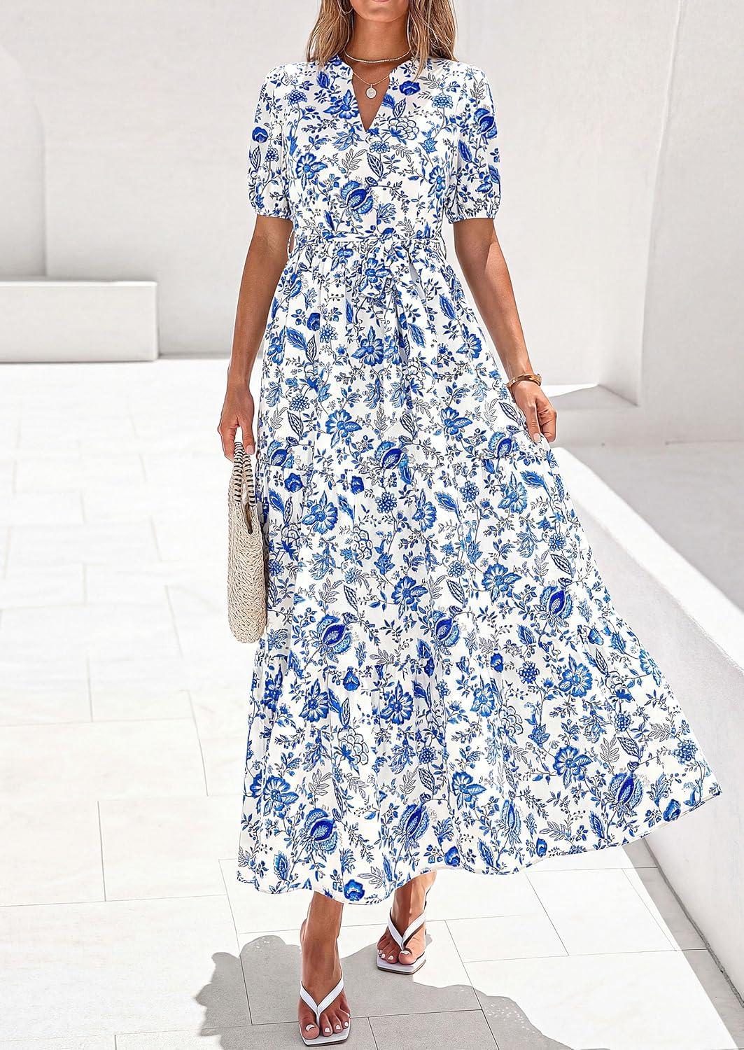 imagePRETTYGARDEN Womens Summer Maxi Dresses Boho Floral Short Sleeve V Neck Casual Wedding Guest 2026 Beach Vacation OutfitsFloral White Blue