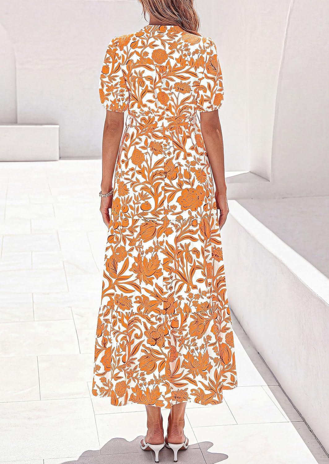 imagePRETTYGARDEN Womens Summer Maxi Dresses Boho Floral Short Sleeve V Neck Casual Wedding Guest 2026 Beach Vacation OutfitsFloral White Orange