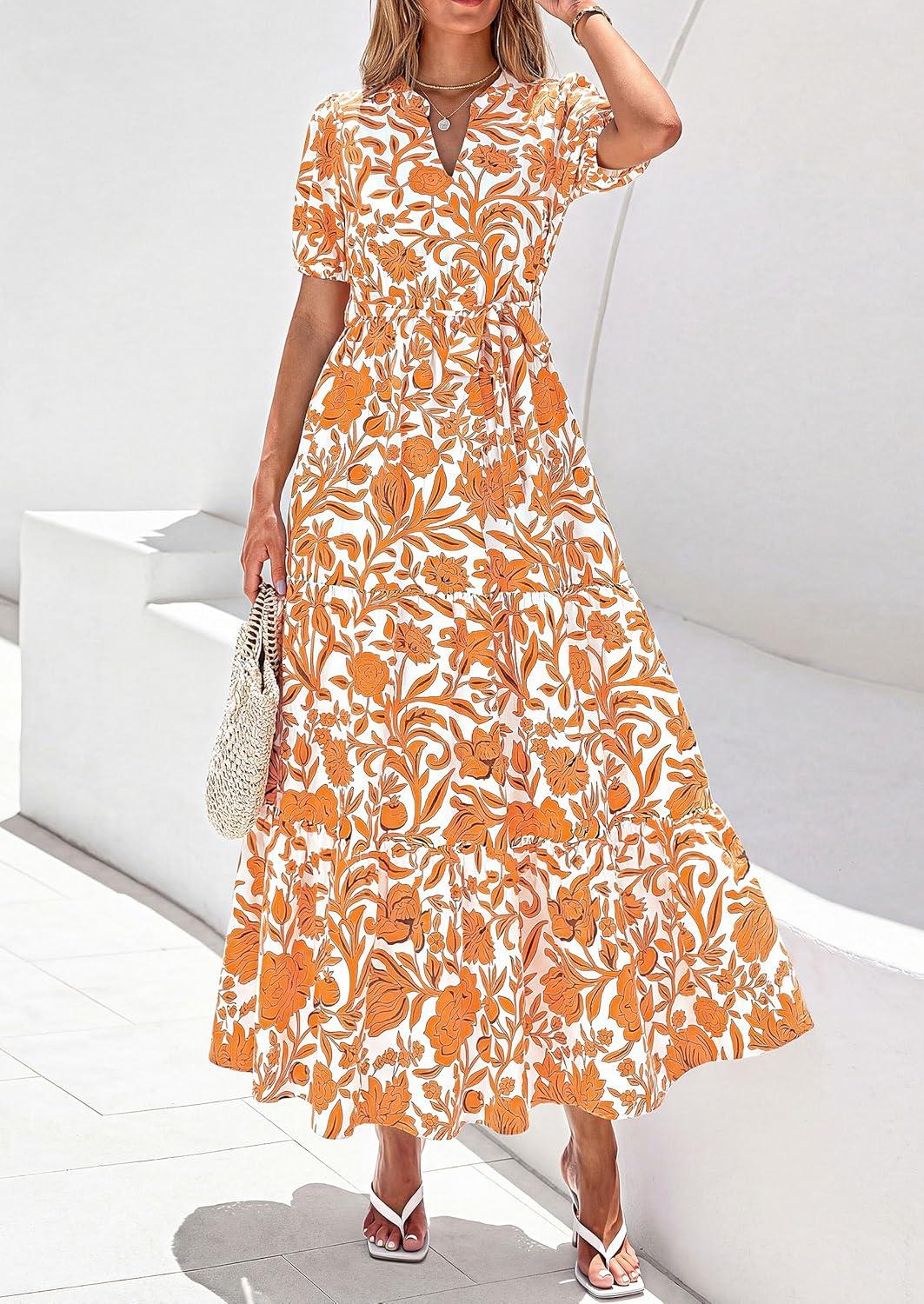 imagePRETTYGARDEN Womens Summer Maxi Dresses Boho Floral Short Sleeve V Neck Casual Wedding Guest 2026 Beach Vacation OutfitsFloral White Orange