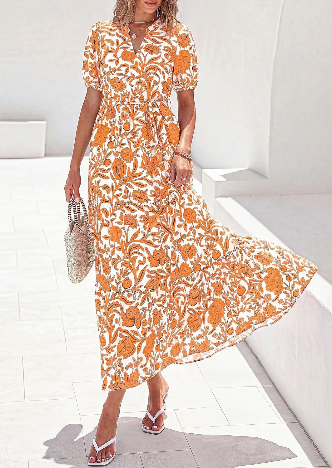 imagePRETTYGARDEN Womens Summer Maxi Dresses Boho Floral Short Sleeve V Neck Casual Wedding Guest 2026 Beach Vacation OutfitsFloral White Orange