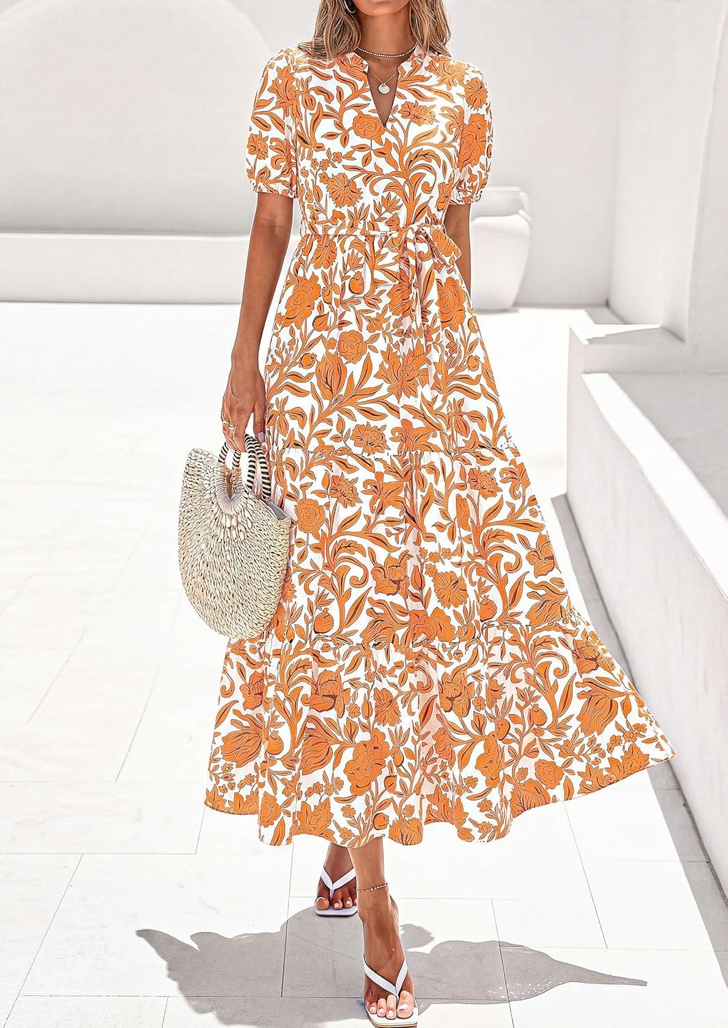imagePRETTYGARDEN Womens Summer Maxi Dresses Boho Floral Short Sleeve V Neck Casual Wedding Guest 2026 Beach Vacation OutfitsFloral White Orange