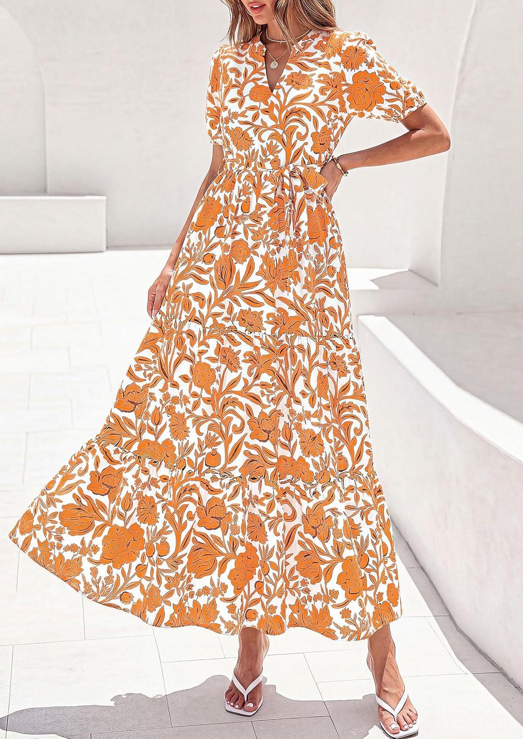imagePRETTYGARDEN Womens Summer Maxi Dresses Boho Floral Short Sleeve V Neck Casual Wedding Guest 2026 Beach Vacation OutfitsFloral White Orange