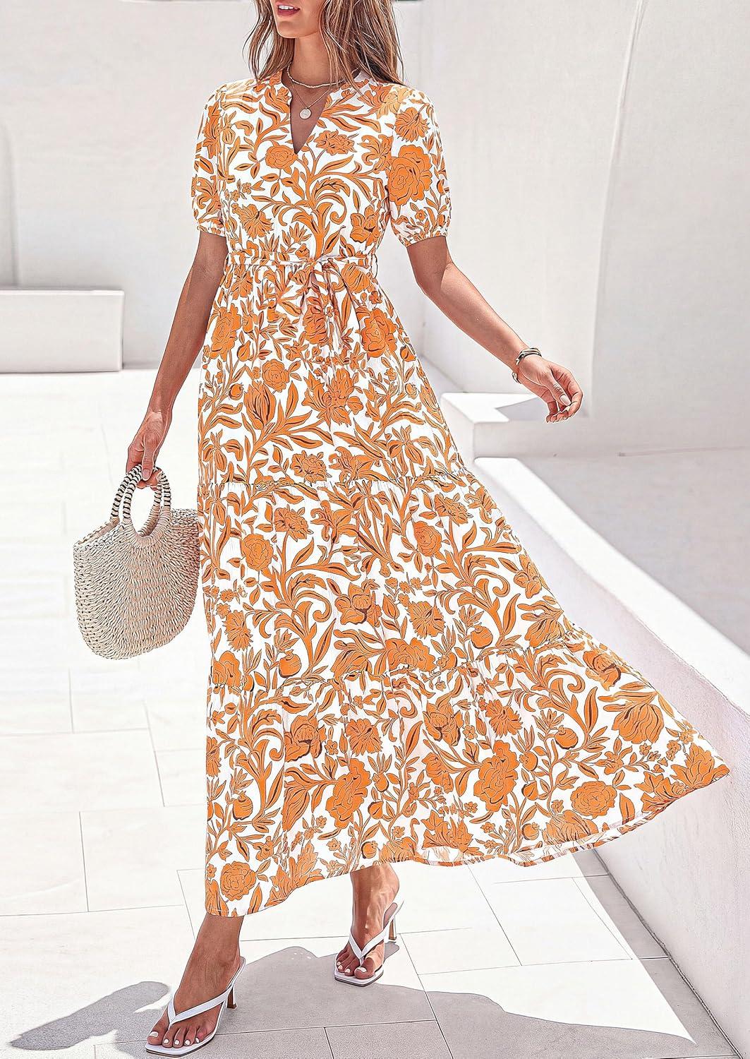 imagePRETTYGARDEN Womens Summer Maxi Dresses Boho Floral Short Sleeve V Neck Casual Wedding Guest 2026 Beach Vacation OutfitsFloral White Orange