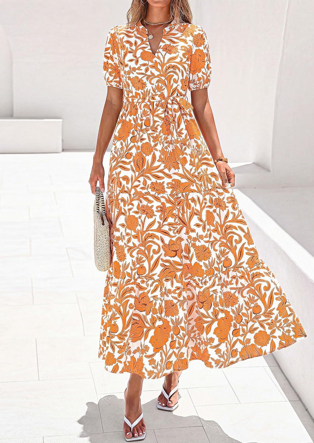imagePRETTYGARDEN Womens Summer Maxi Dresses Boho Floral Short Sleeve V Neck Casual Wedding Guest 2026 Beach Vacation OutfitsFloral White Orange