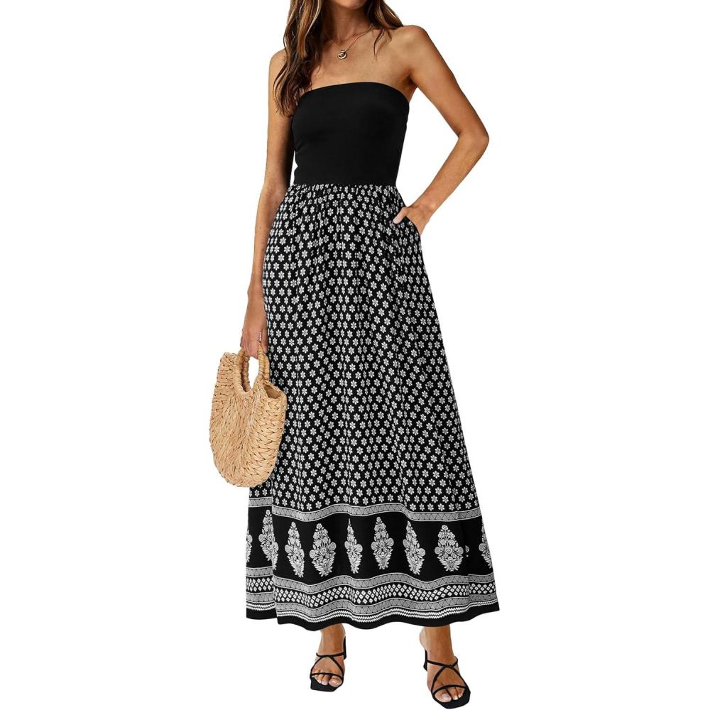 imagePRETTYGARDEN Summer Dresses for Women 2026 Floral Patchwork Strapless Tube Long Flowy Dress Beach Vacation ClothesFloral Black