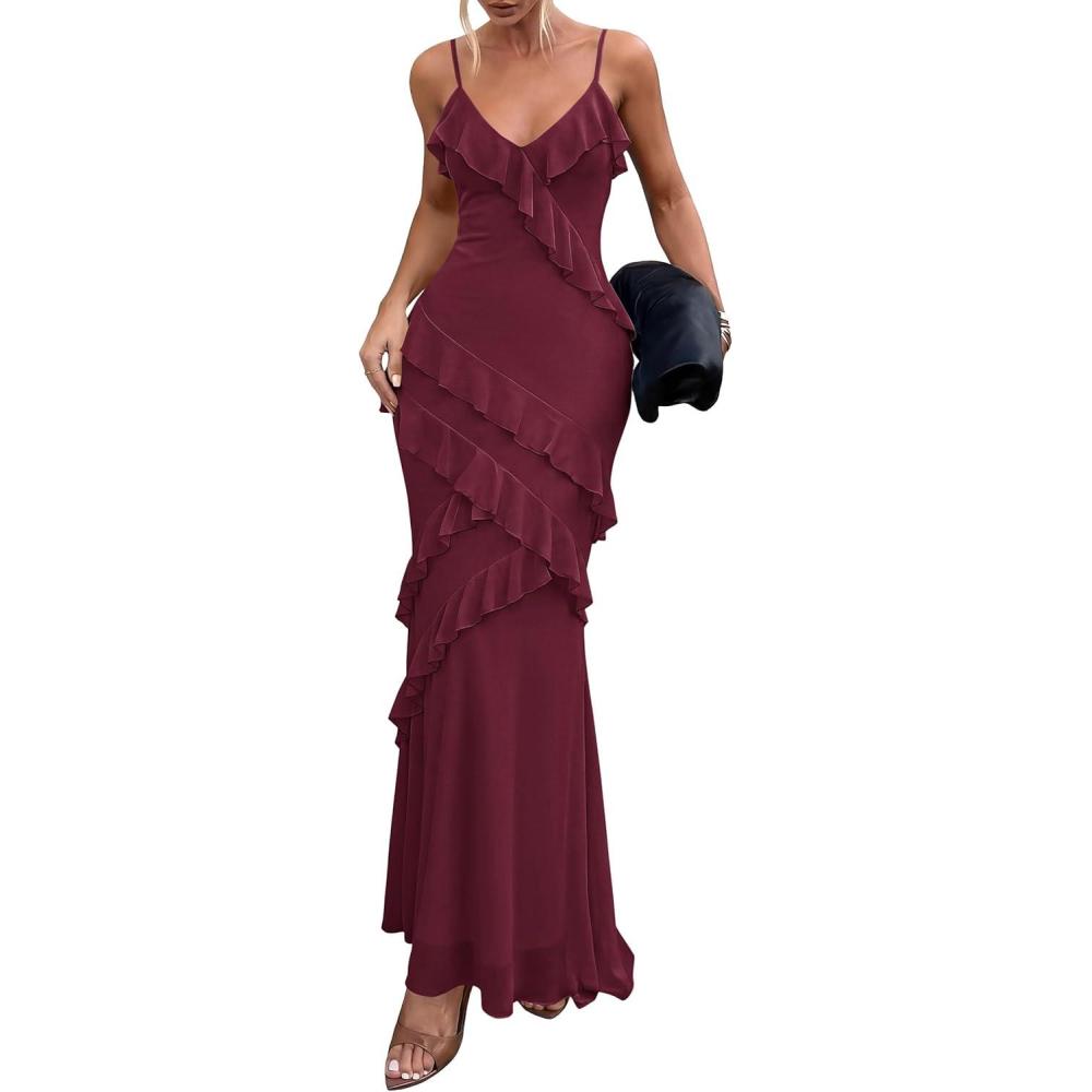 imagePRETTYGARDEN Women 2026 Wedding Guest Cocktail Maxi Dress Spaghetti Strap Sleeveless V Neck Bodycon Mesh Party Summer OutfitsBurgundy