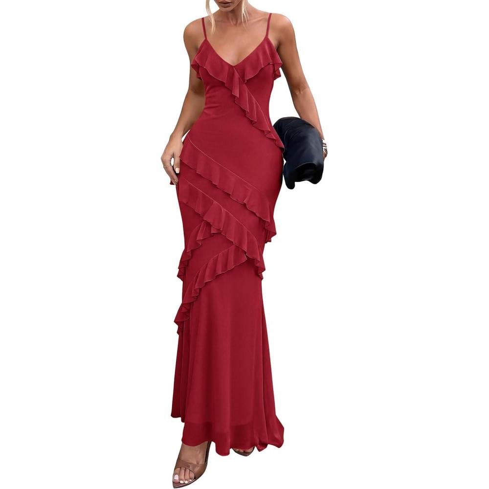 imagePRETTYGARDEN Women 2026 Wedding Guest Cocktail Maxi Dress Spaghetti Strap Sleeveless V Neck Bodycon Mesh Party Summer OutfitsRed