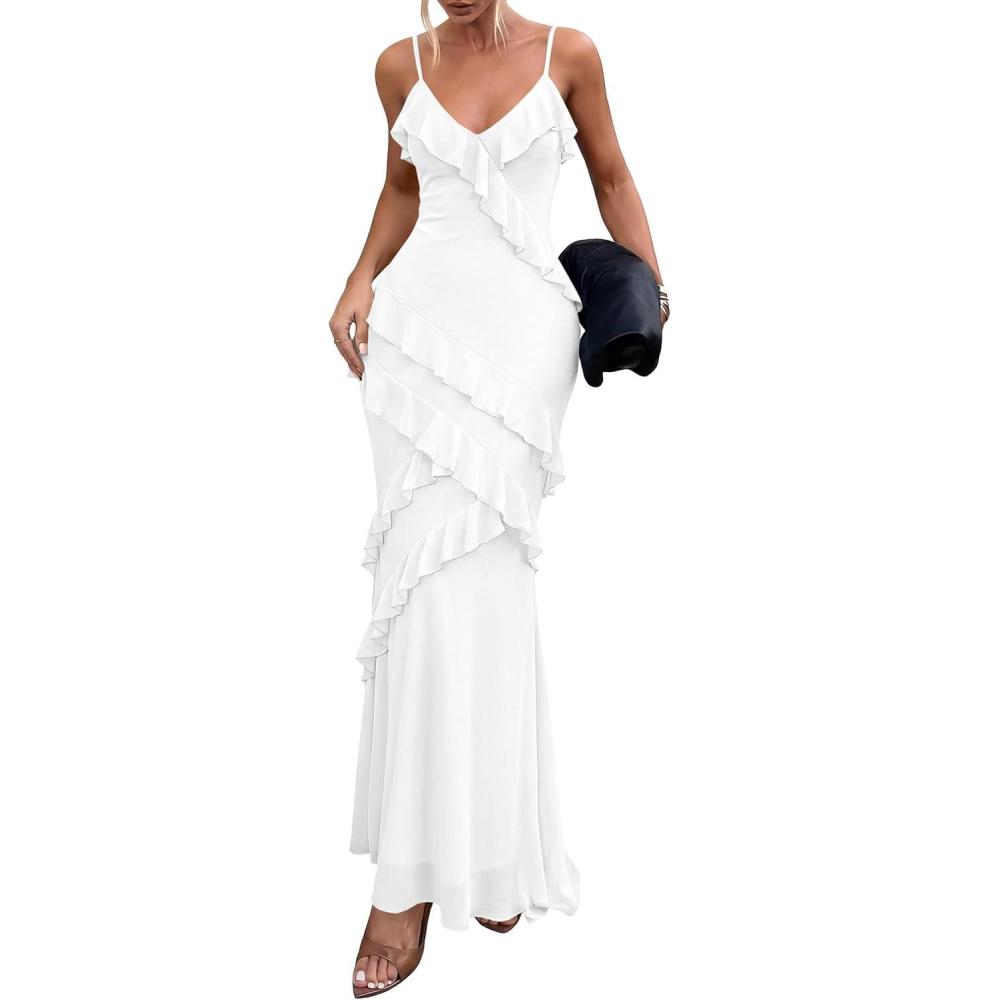 imagePRETTYGARDEN Women 2026 Wedding Guest Cocktail Maxi Dress Spaghetti Strap Sleeveless V Neck Bodycon Mesh Party Summer OutfitsWhite