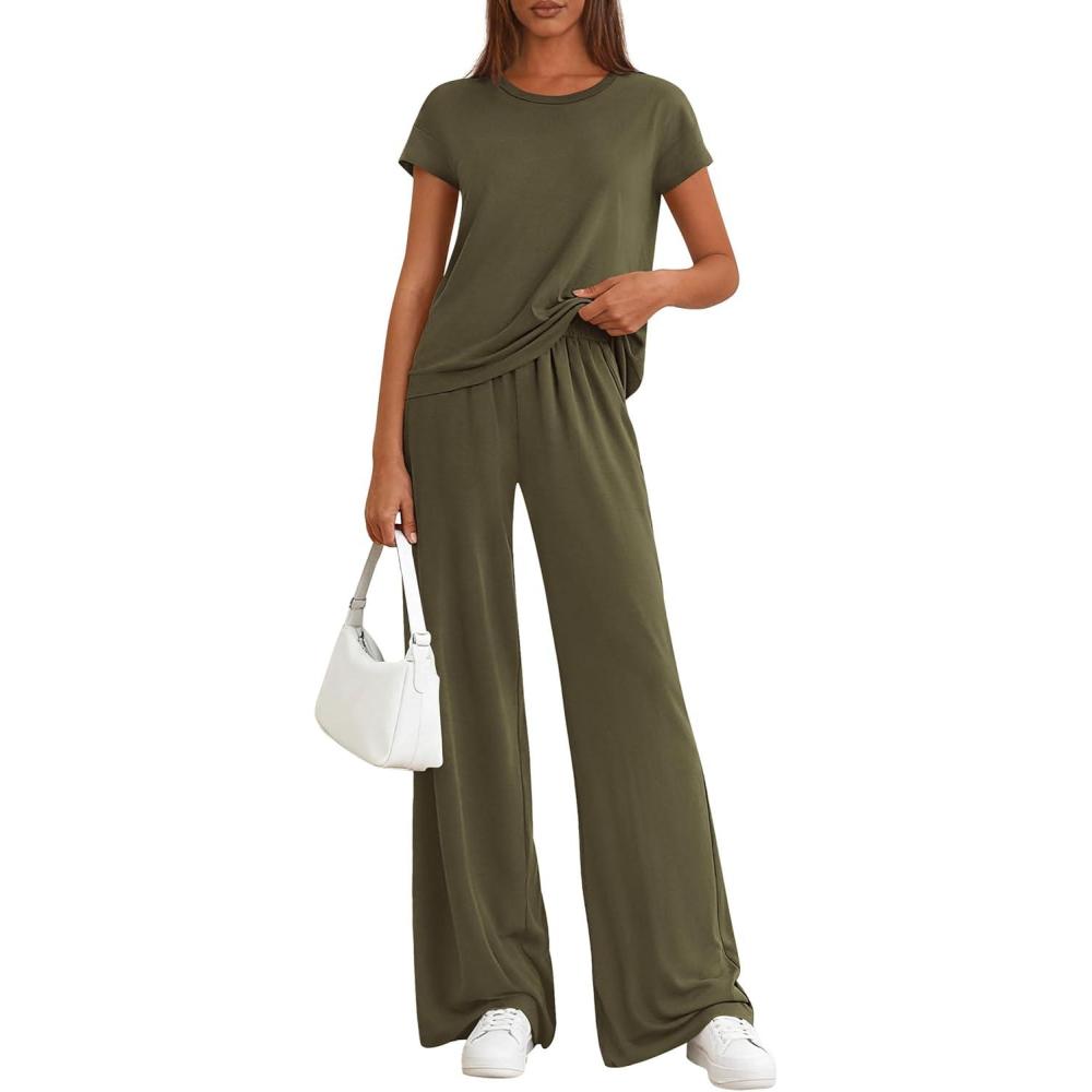 imagePRETTYGARDEN Womens 2026 Summer 2 Piece Matching Lounge Sets Short Sleeve Shirts Tops Wide Leg Pants Travel Airport OutfitsArmy Green