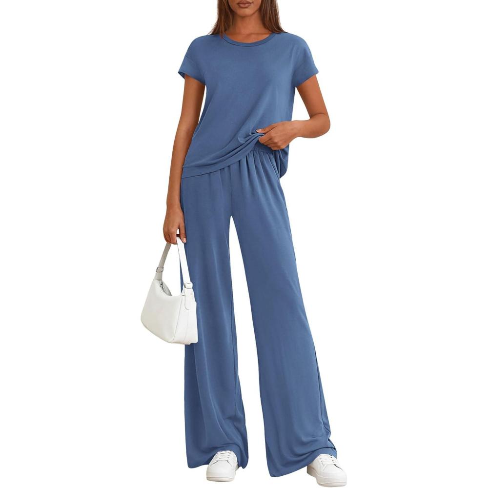 imagePRETTYGARDEN Womens 2026 Summer 2 Piece Matching Lounge Sets Short Sleeve Shirts Tops Wide Leg Pants Travel Airport OutfitsBlue