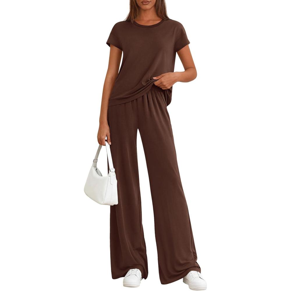 imagePRETTYGARDEN Womens 2026 Summer 2 Piece Matching Lounge Sets Short Sleeve Shirts Tops Wide Leg Pants Travel Airport OutfitsBrown