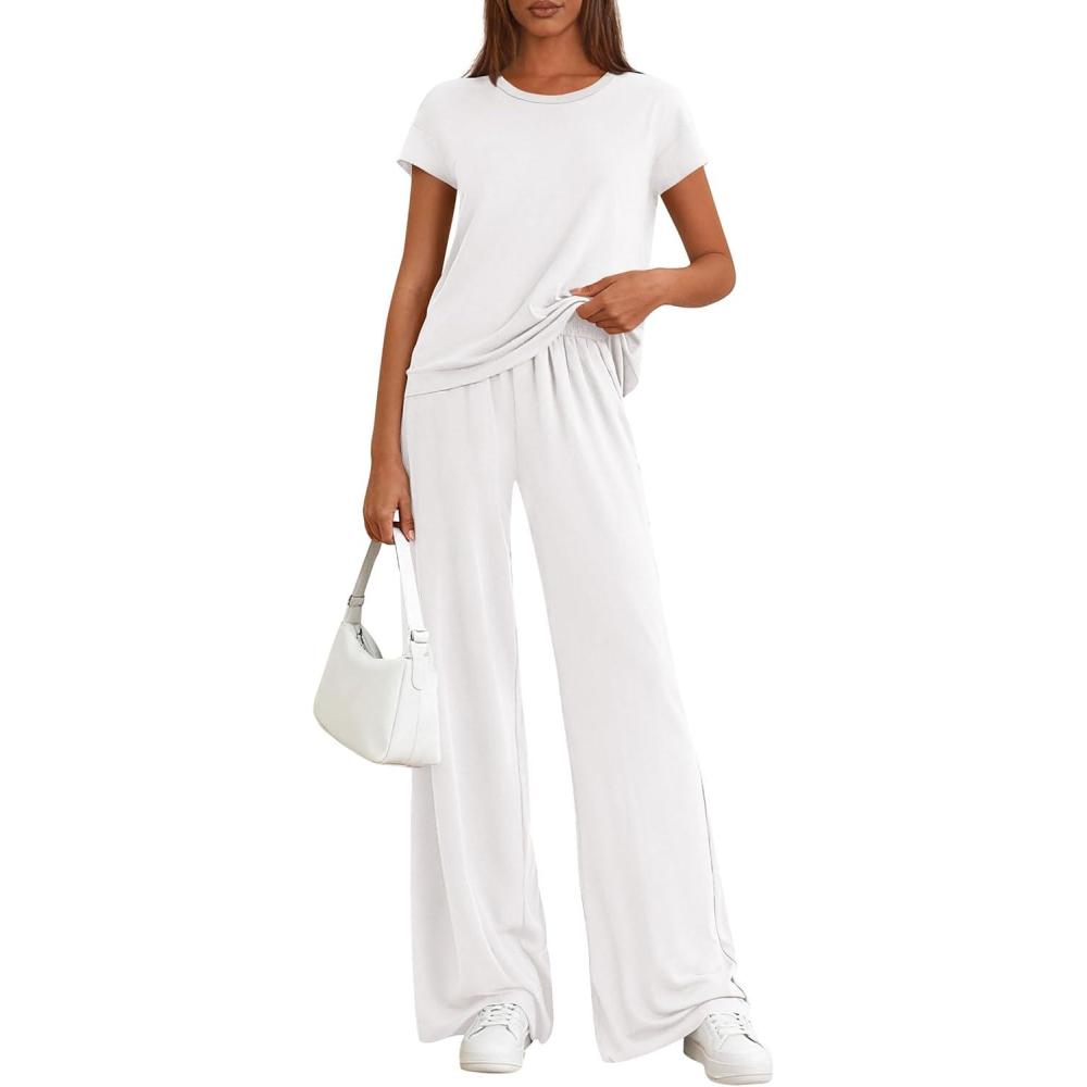 imagePRETTYGARDEN Womens 2026 Summer 2 Piece Matching Lounge Sets Short Sleeve Shirts Tops Wide Leg Pants Travel Airport OutfitsWhite