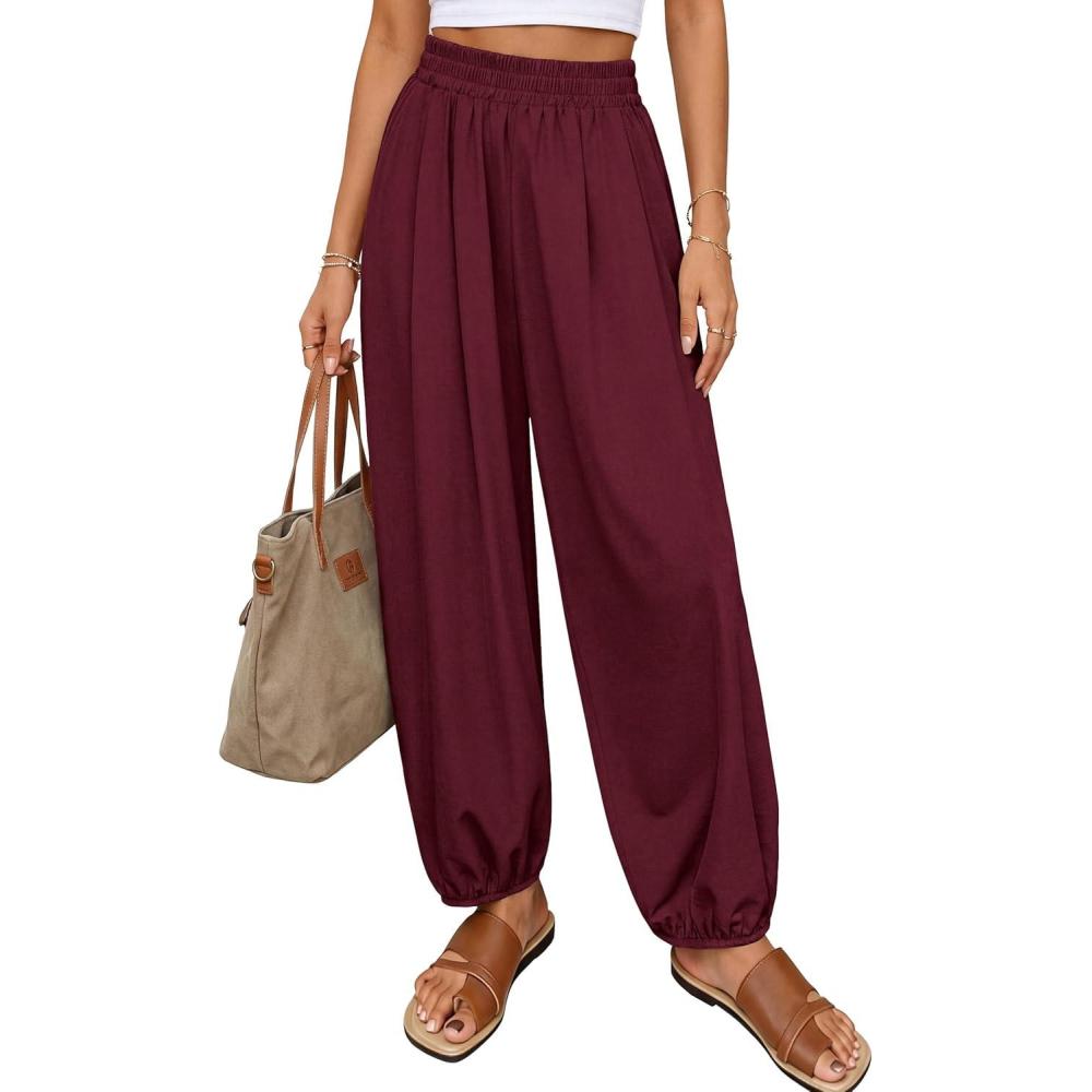 imagePRETTYGARDEN Womens 2026 Summer Casual Pants High Waisted Loose Wide Leg Palazzo Pockets Lounge Beach Travel Trousers OutfitsBurgundy