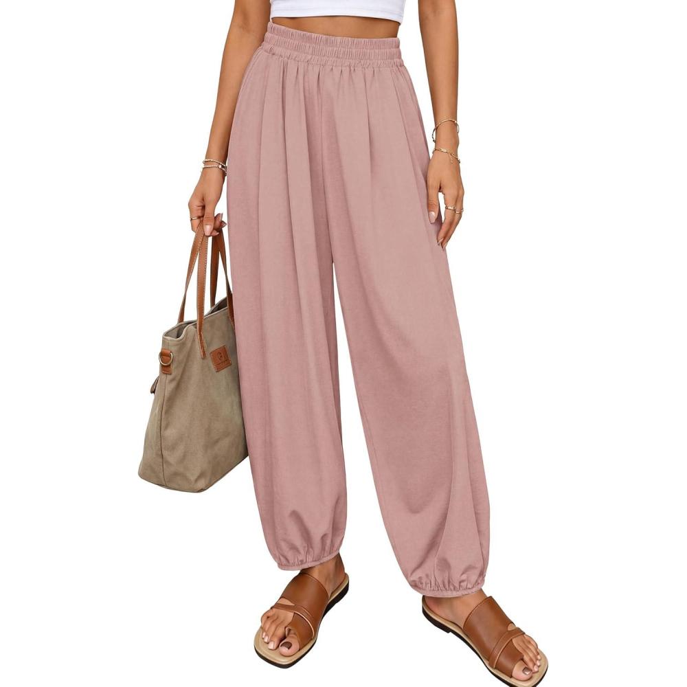 imagePRETTYGARDEN Womens 2026 Summer Casual Pants High Waisted Loose Wide Leg Palazzo Pockets Lounge Beach Travel Trousers OutfitsPink