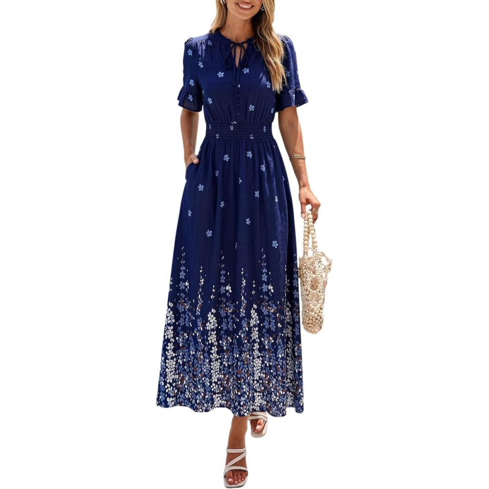 imagePRETTYGARDEN Womens Boho Floral Maxi Dress Summer 2026 Short Sleeve Tie V Neck Spring Wedding Guest Flowy Beach Sun DressesNavy Blue White Floral