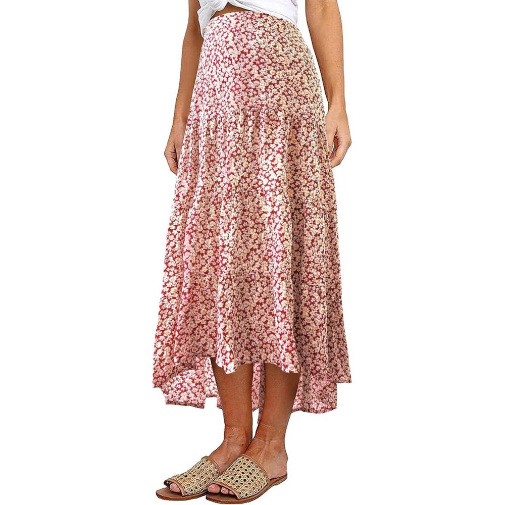 imagePRETTYGARDEN Womens Ditzy Floral Print Midi Skirt Boho Elastic High Waist Long Skirts for Women Trendy High Low HemPred White