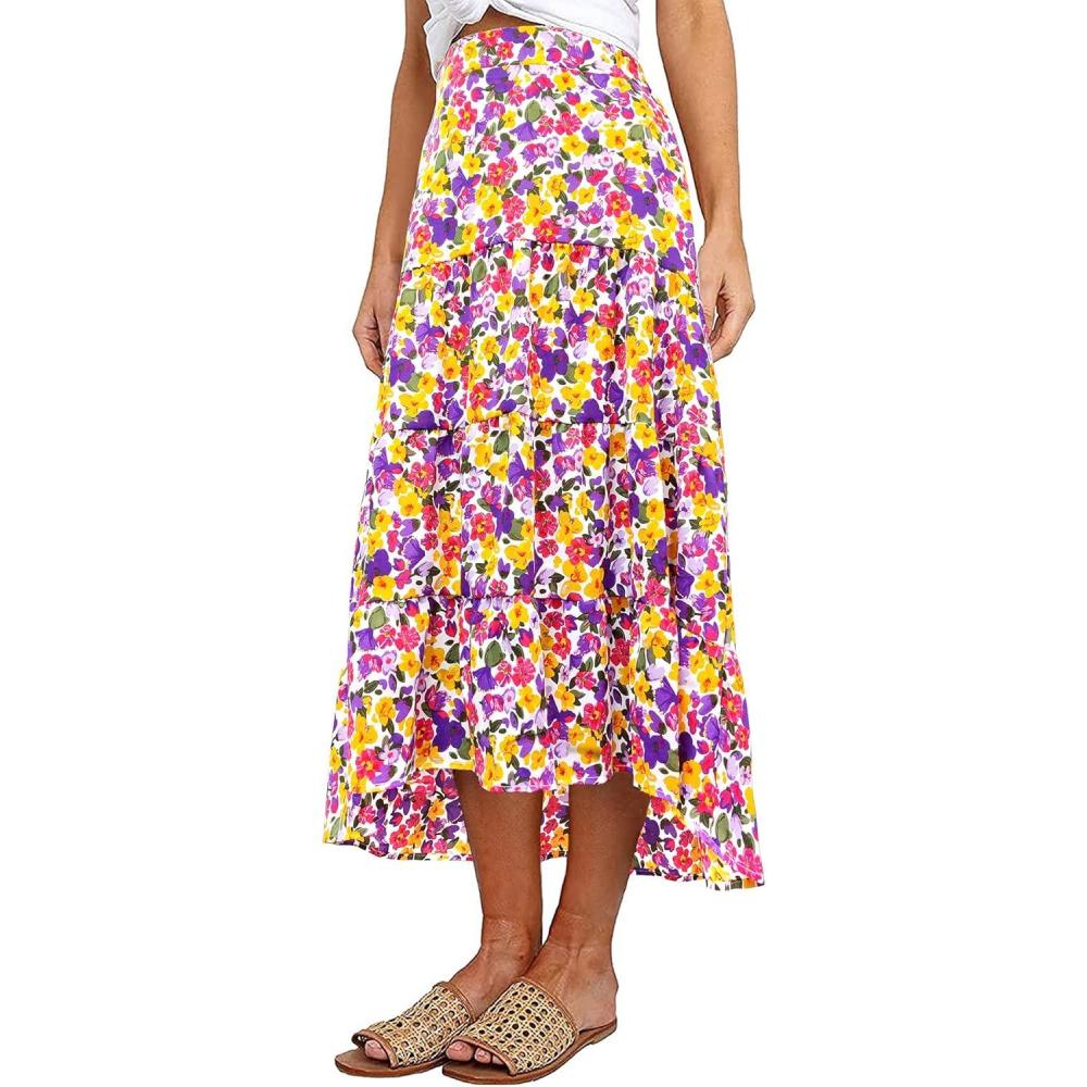 imagePRETTYGARDEN Womens Ditzy Floral Print Midi Skirt Boho Elastic High Waist Long Skirts for Women Trendy High Low HemQwhite Purple