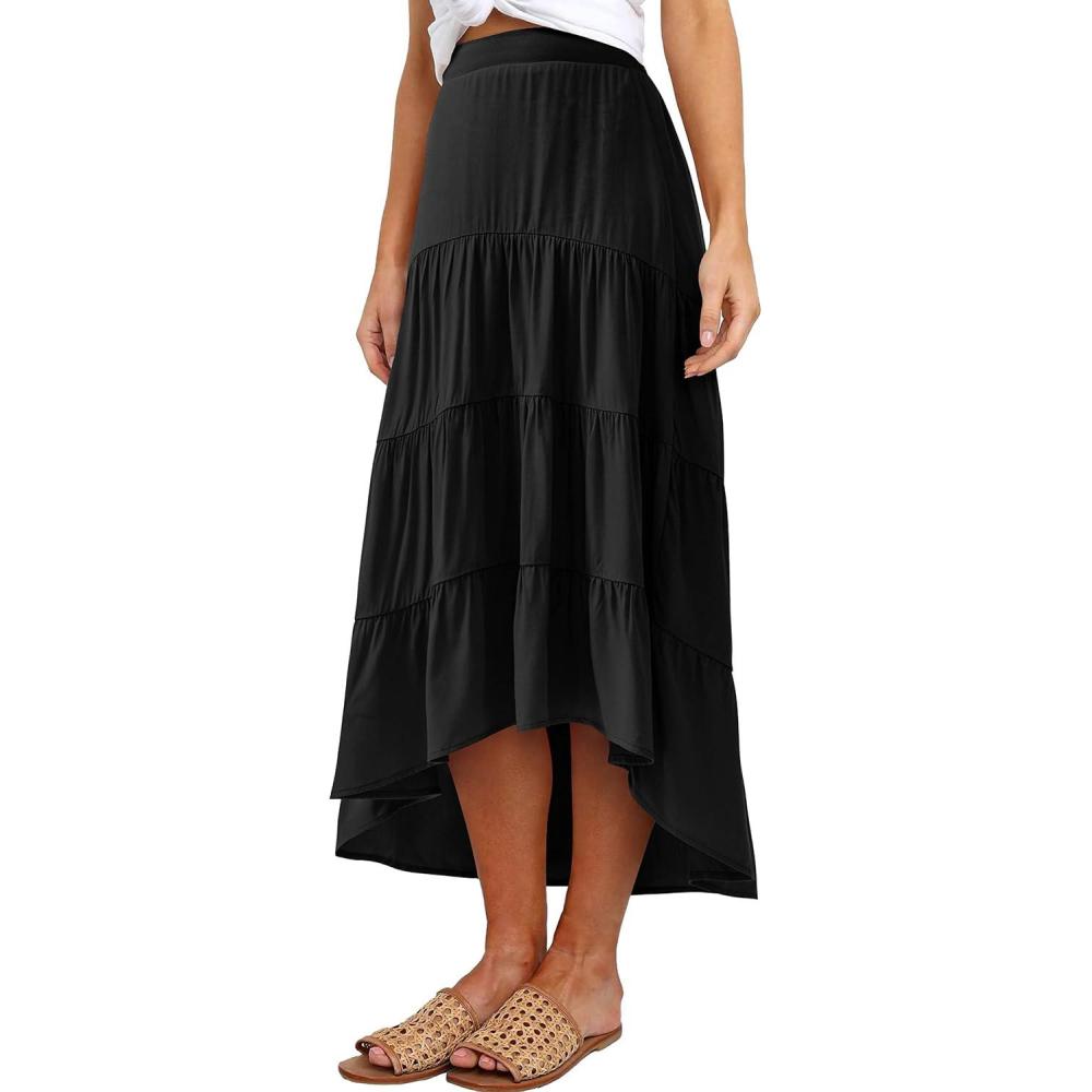imagePRETTYGARDEN Womens Ditzy Floral Print Midi Skirt Boho Elastic High Waist Long Skirts for Women Trendy High Low HemSblack