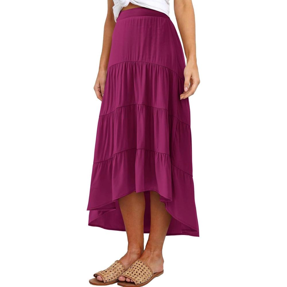 imagePRETTYGARDEN Womens Ditzy Floral Print Midi Skirt Boho Elastic High Waist Long Skirts for Women Trendy High Low HemSrose Red