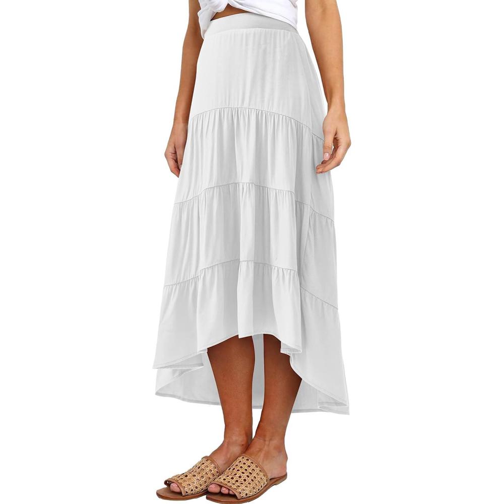 imagePRETTYGARDEN Womens Ditzy Floral Print Midi Skirt Boho Elastic High Waist Long Skirts for Women Trendy High Low HemSwhite