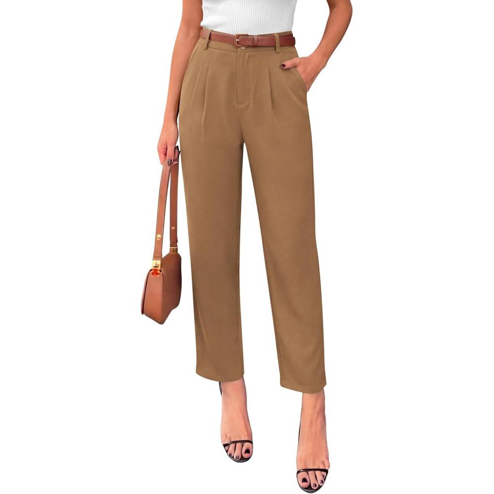 imagePRETTYGARDEN Womens Dress Pants Summer 2026 Work Clothes Tapered High Waisted Trousers Slacks Pockets Business Casual OutfitsKhaki