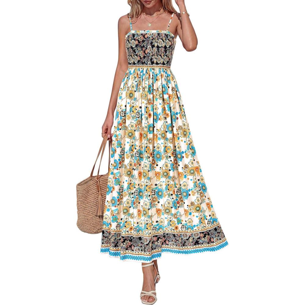 imagePRETTYGARDEN Womens Floral Maxi Dress Boho Casual 2026 Summer Spaghetti Strap Smocked Sleeveless Flowy Beach Vacation DressesApricot