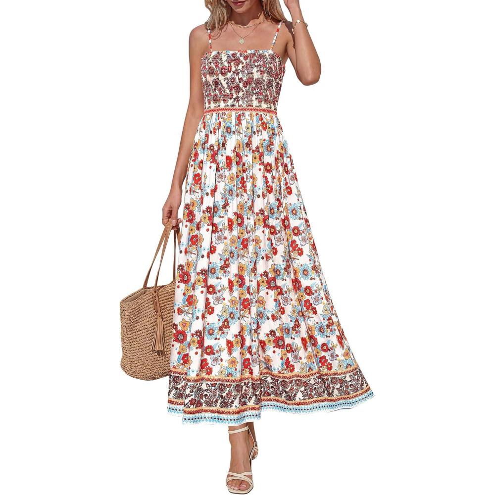 imagePRETTYGARDEN Womens Floral Maxi Dress Boho Casual 2026 Summer Spaghetti Strap Smocked Sleeveless Flowy Beach Vacation DressesWhite