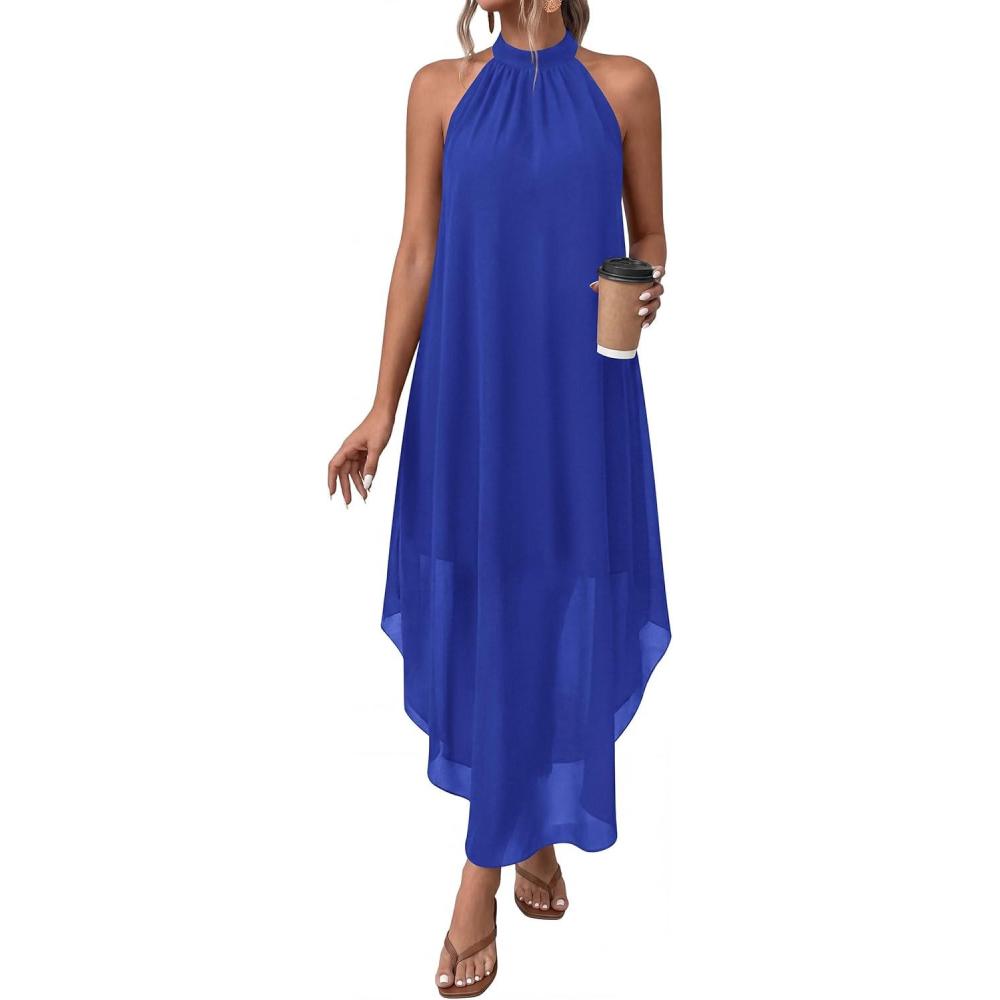 imagePRETTYGARDEN Womens Flowy Maxi Dresses Summer 2026 Halter Sleeveless Long Asymmetrical Spring Dress Beach Vacation SundressBlue