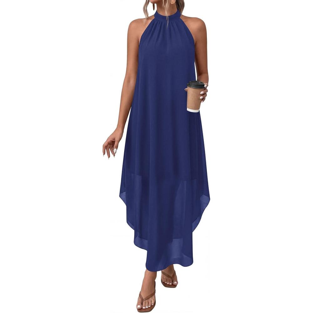 imagePRETTYGARDEN Womens Flowy Maxi Dresses Summer 2026 Halter Sleeveless Long Asymmetrical Spring Dress Beach Vacation SundressDark Blue