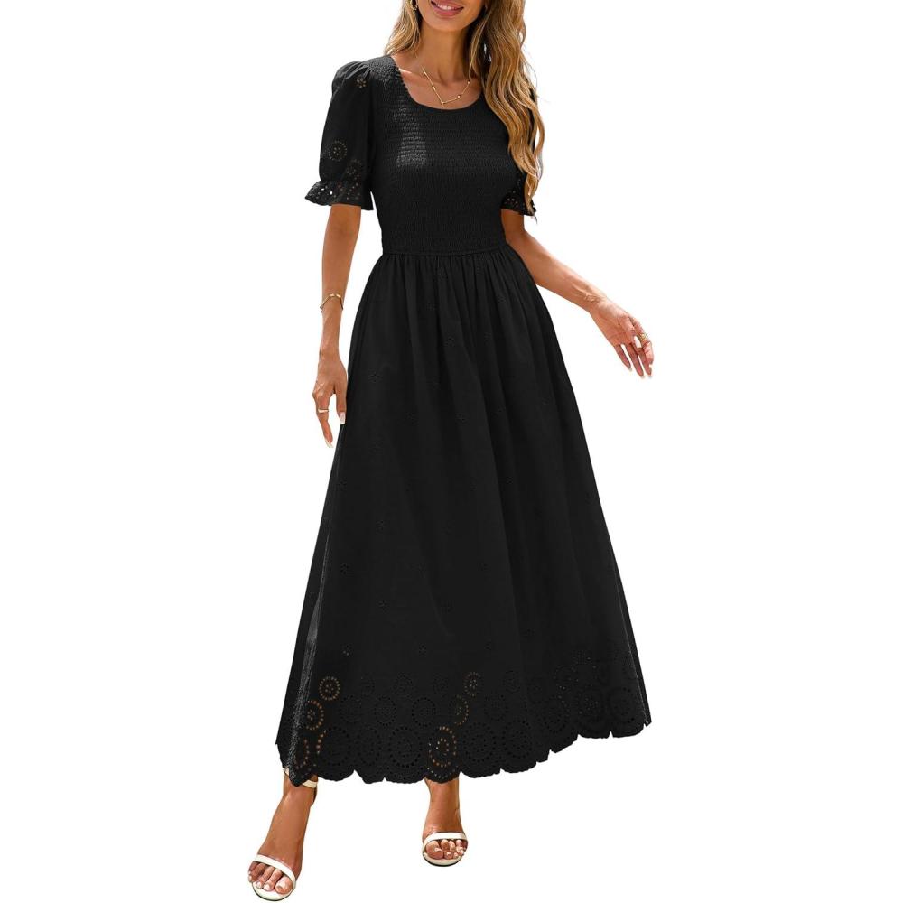 imagePRETTYGARDEN Womens Maxi Smocked Eyelet Dress Summer 2026 Short Puff Sleeve Long Flowy Boho Beach Party Sun Dresses PocketsBlack