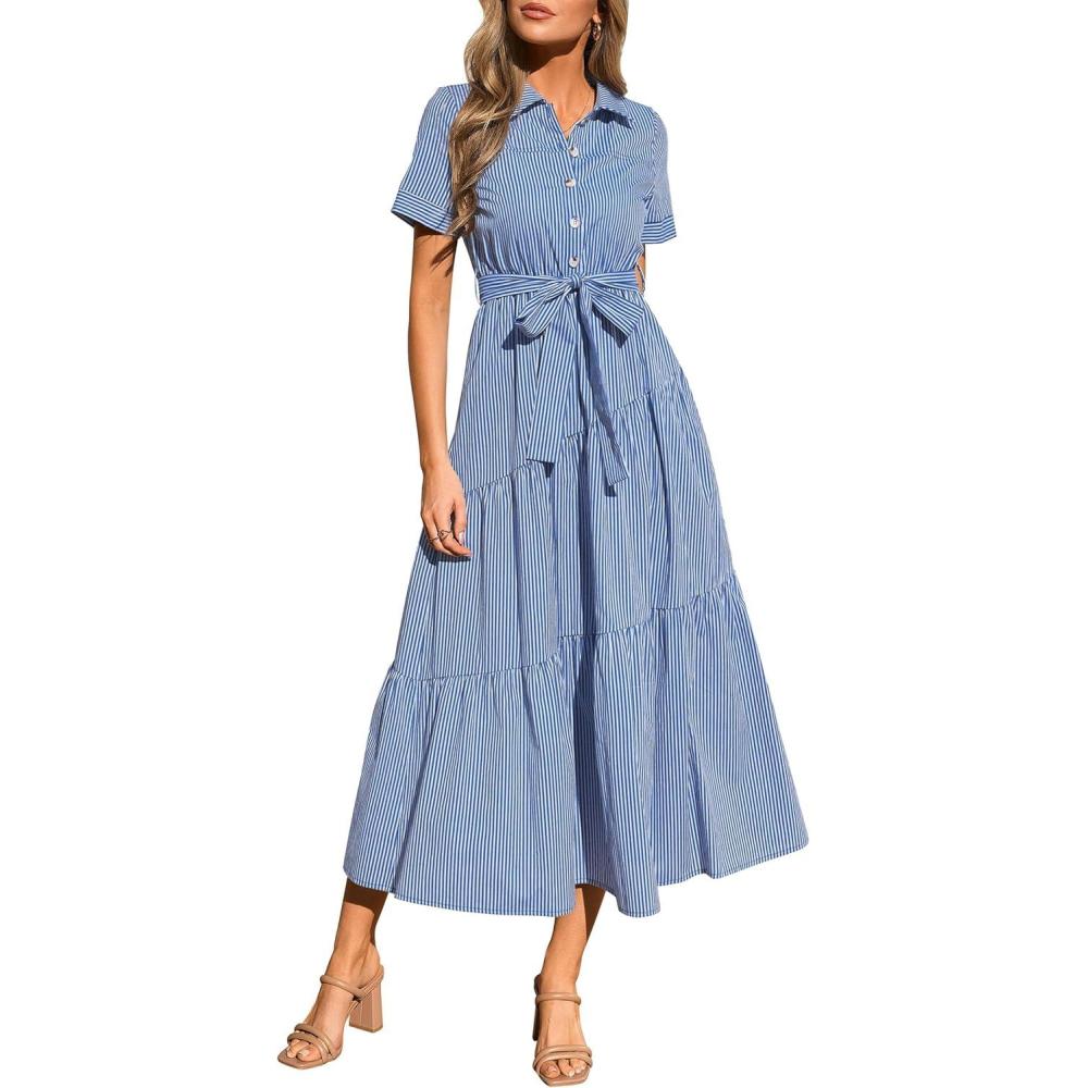 imagePRETTYGARDEN Womens Summer Maxi Button Up Shirt Dress 2026 Short Sleeve Striped A Line Long Flowy Elegant Spring DressesBlue Striped