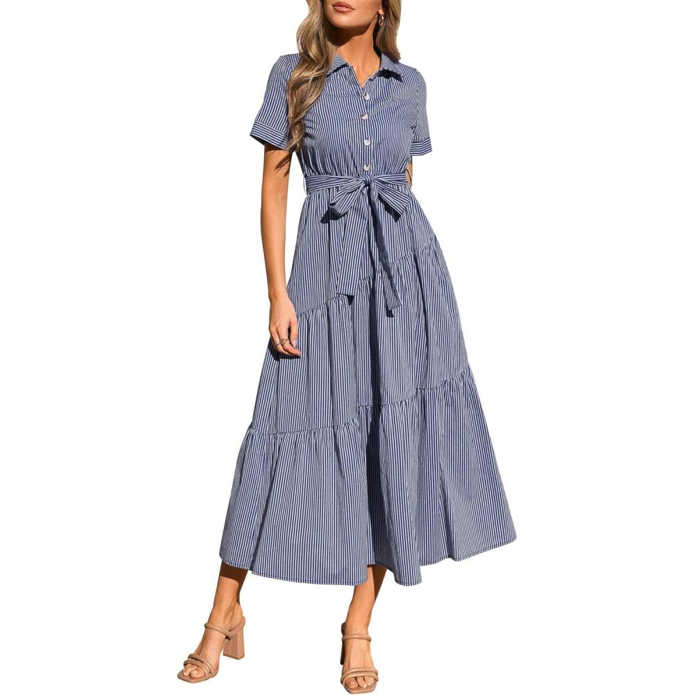 imagePRETTYGARDEN Womens Summer Maxi Button Up Shirt Dress 2026 Short Sleeve Striped A Line Long Flowy Elegant Spring DressesDark Blue Striped