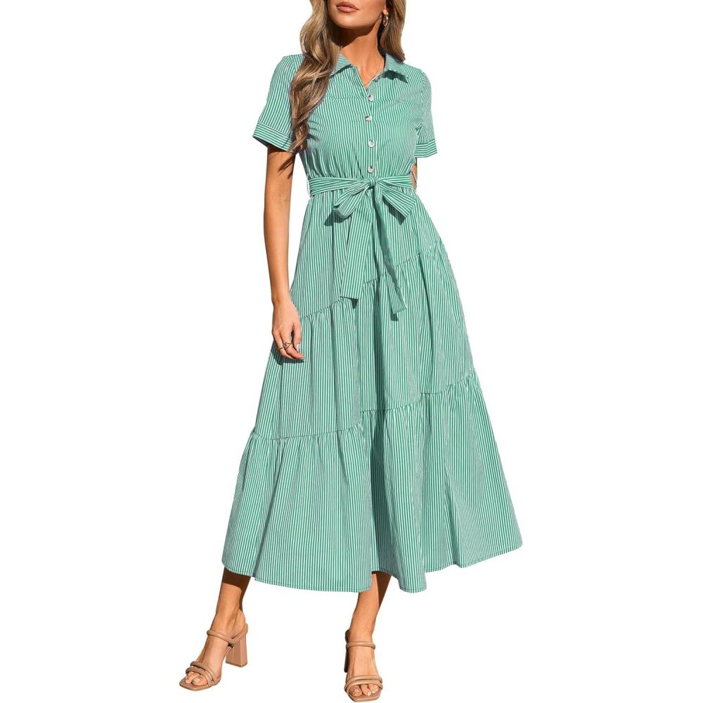 imagePRETTYGARDEN Womens Summer Maxi Button Up Shirt Dress 2026 Short Sleeve Striped A Line Long Flowy Elegant Spring DressesGreen Striped