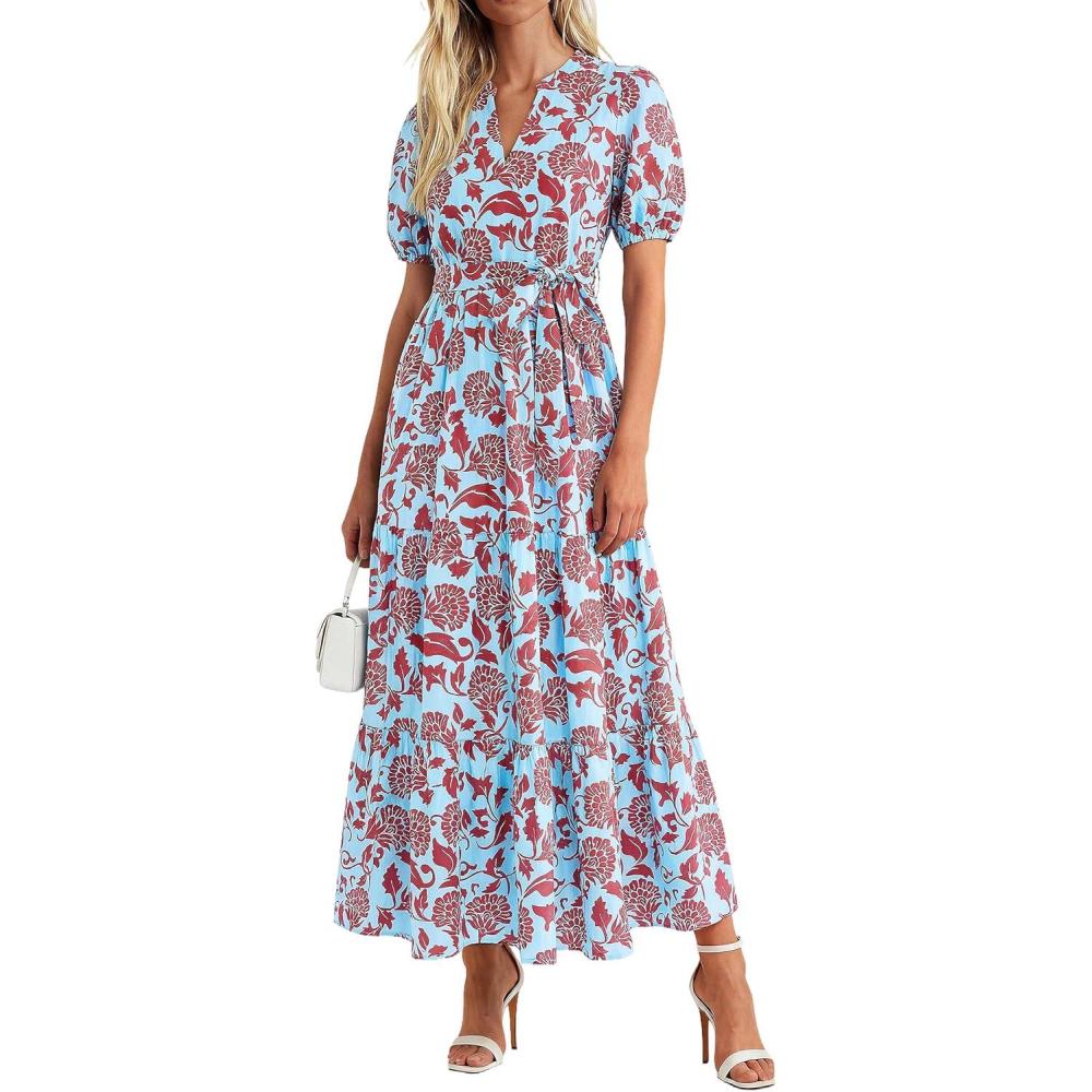 imagePRETTYGARDEN Womens Summer Maxi Dresses Boho Floral Short Sleeve V Neck Casual Wedding Guest 2026 Beach Vacation OutfitsFloral Blue Brown