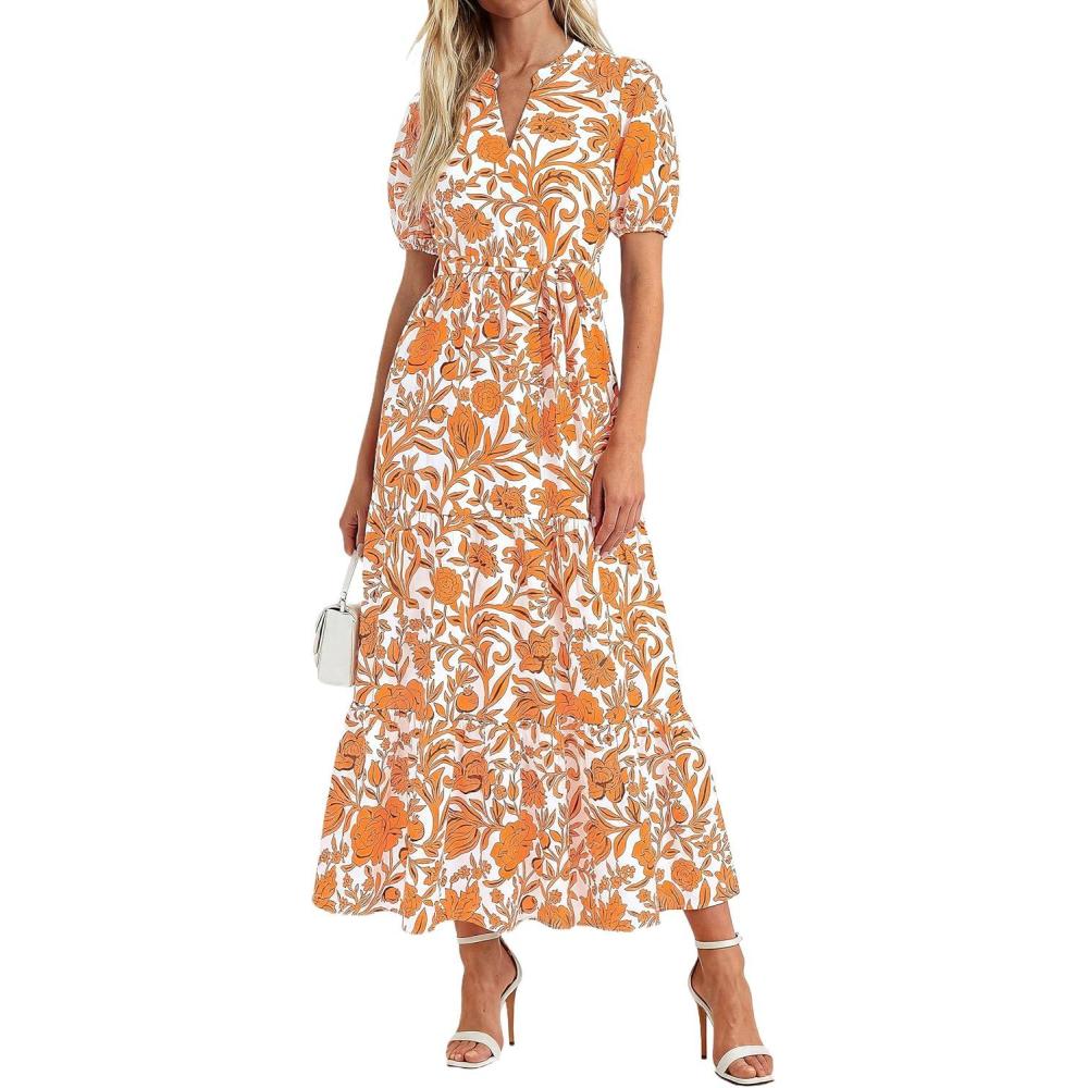 imagePRETTYGARDEN Womens Summer Maxi Dresses Boho Floral Short Sleeve V Neck Casual Wedding Guest 2026 Beach Vacation OutfitsFloral White Orange
