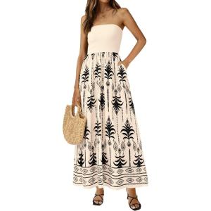 PRETTYGARDEN Summer Dresses for Women 2026 Floral Patchwork Strapless Tube Long Flowy Dress Beach Vacation Clothes(Floral Apricot Black)